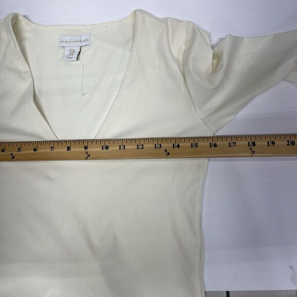House of Harlow 1960 Bodysuit Medium Ivory Ribbed Diamond V-Neck Timeless Style - Picture 10 of 14